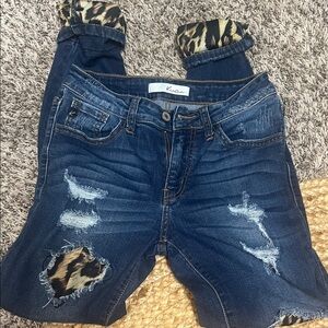 KanCan Women's Dark Blue Distressed Jeans with Animal Print
